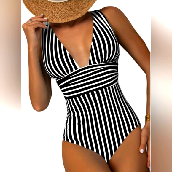 Other - Navy Blue & White Stripe One Piece Swimsuit with Ruching, Size XL, NWOT